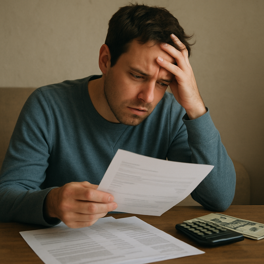 Image of a distressed individual reviewing financial documents