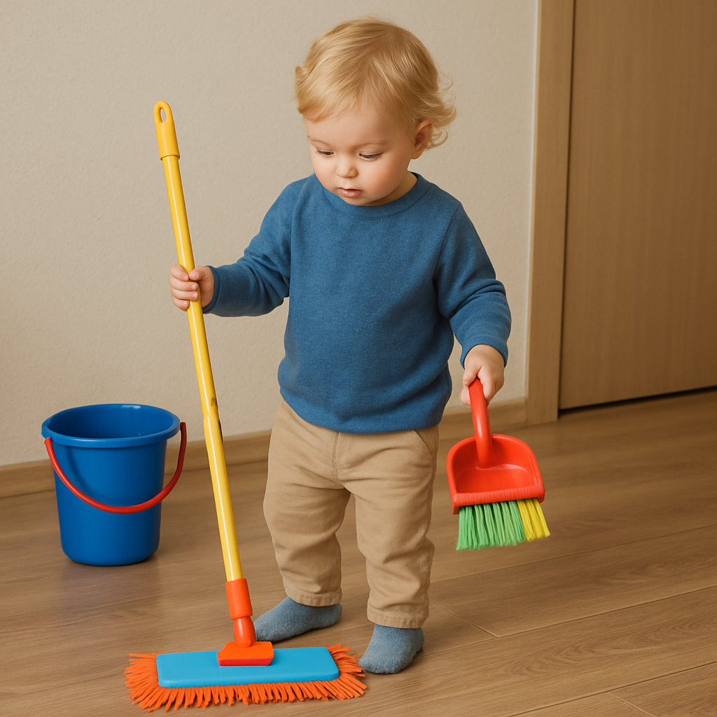 Child using kid-sized cleaning tools