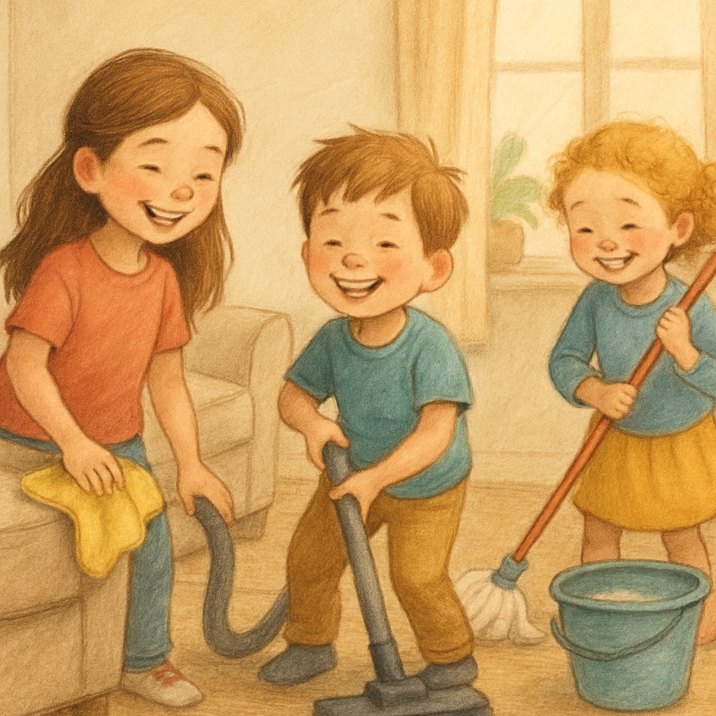Kids happily helping with home cleaning