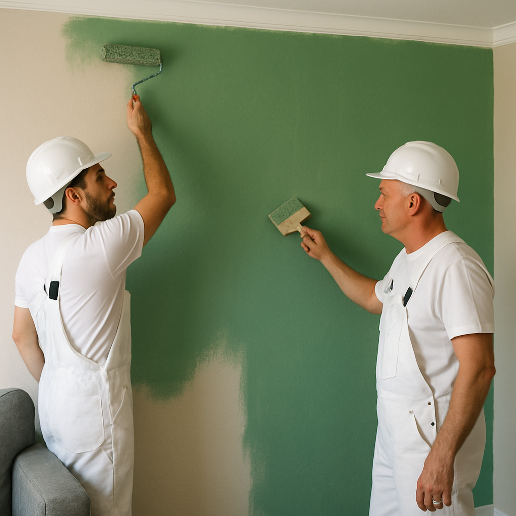 Professional painters applying color to a living room wall