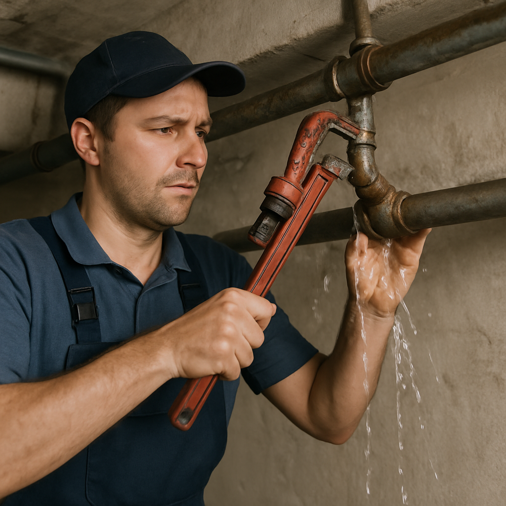 A plumber fixing a leaking pipe