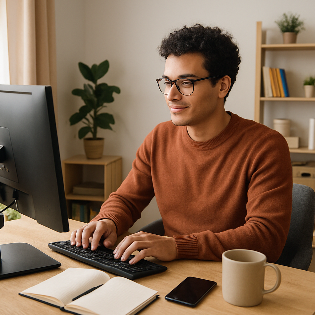 Person working comfortably at a home office desk