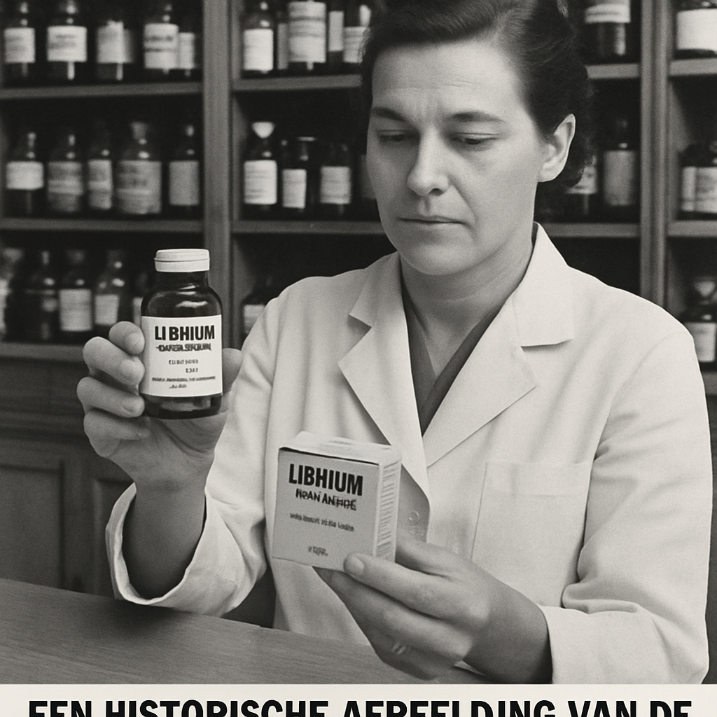 Een historische afbeelding van de eerste benzodiazepine, Librium, in een apotheek