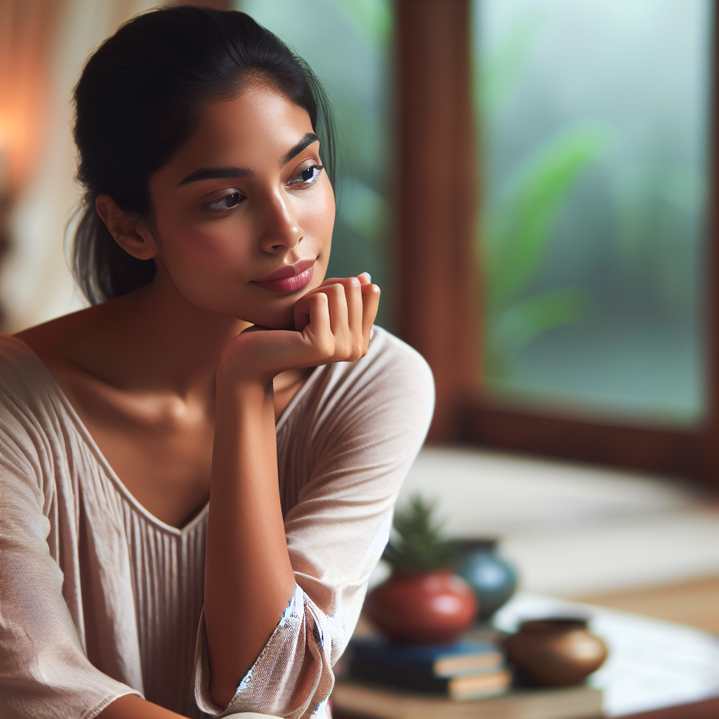 A young woman is sitting with her head being supported by her hand, contemplating. A large window-door is behind her.