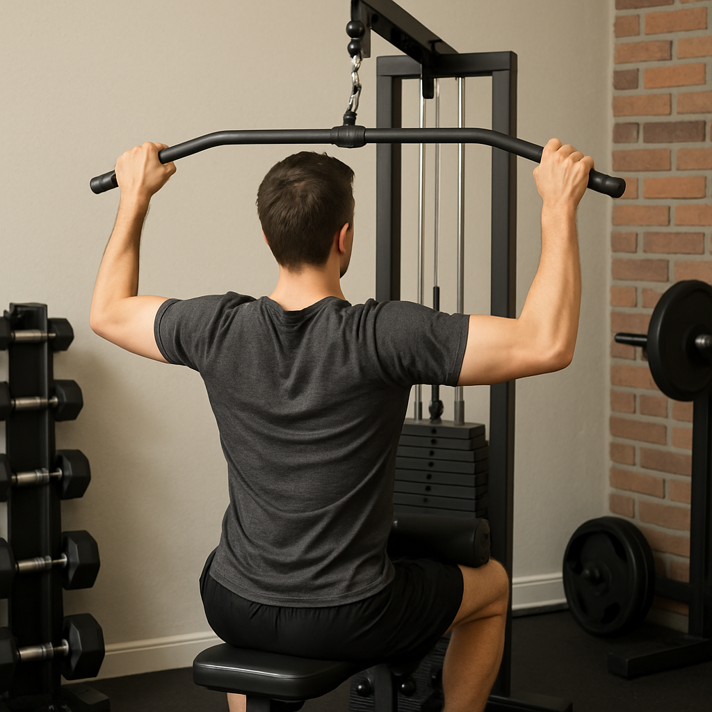 Image of a person using a lat pull down machine in a home gym