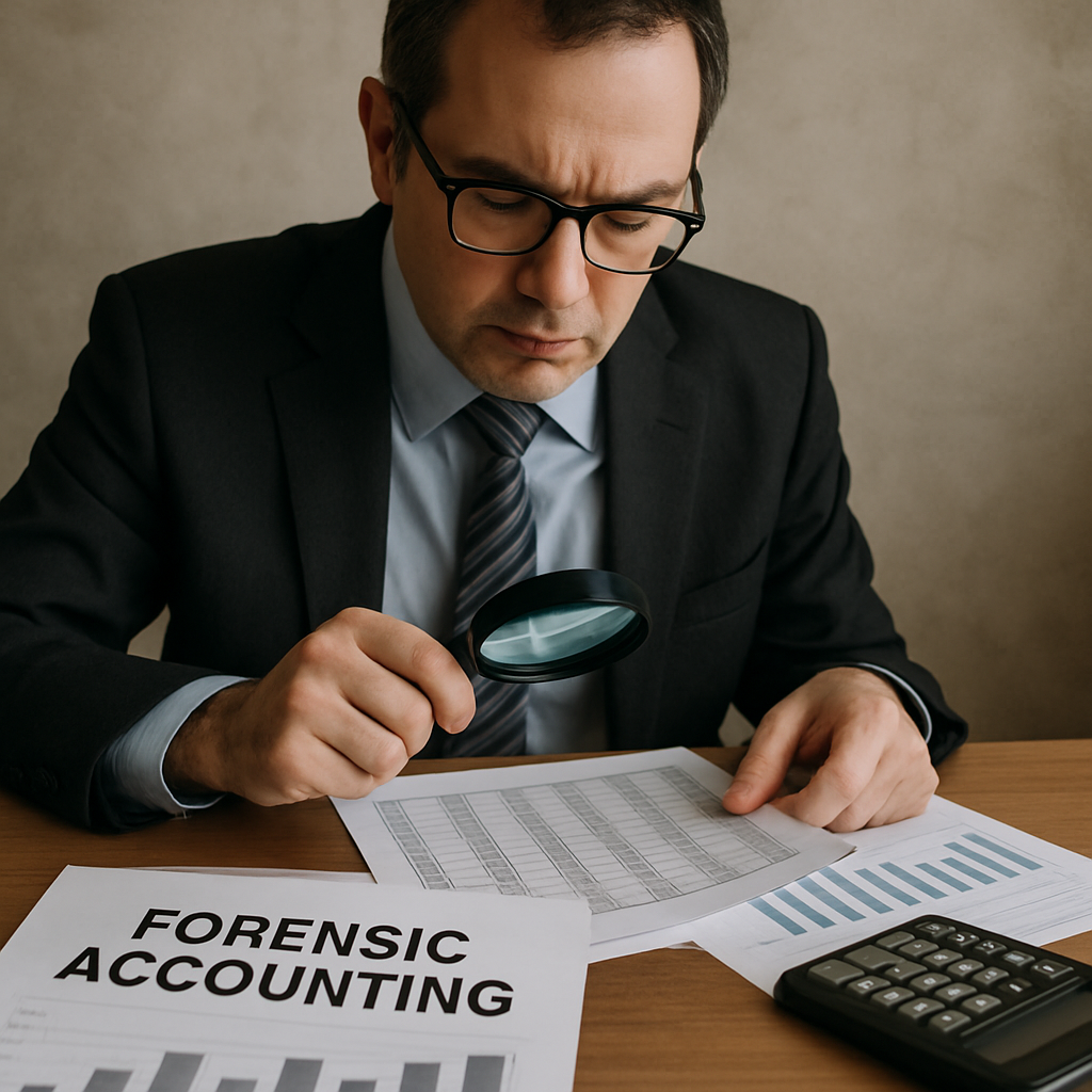 A forensic accountant analyzing financial documents