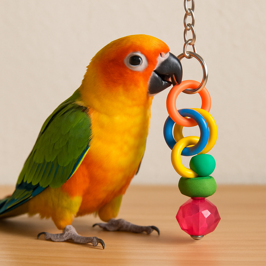 Conure playing with a colorful toy