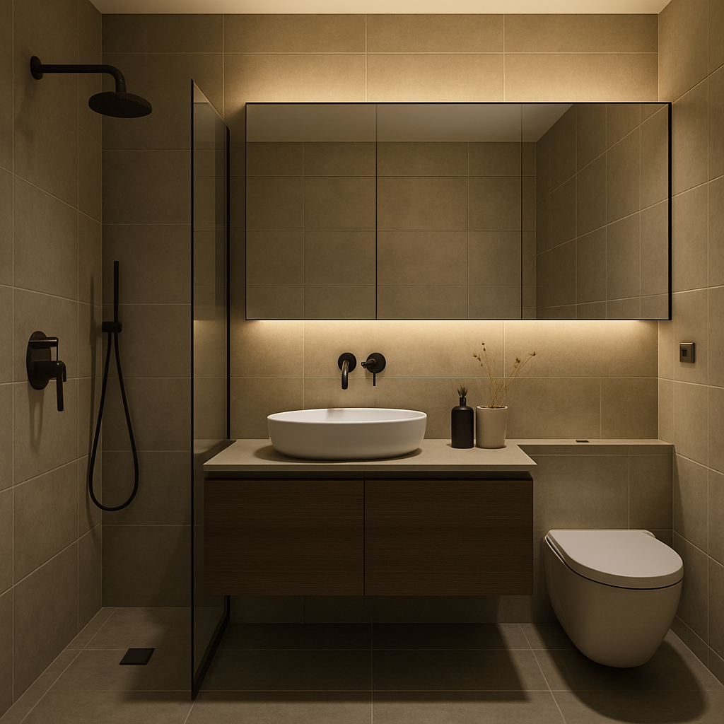 Modern bathroom with sleek fixtures and ambient lighting