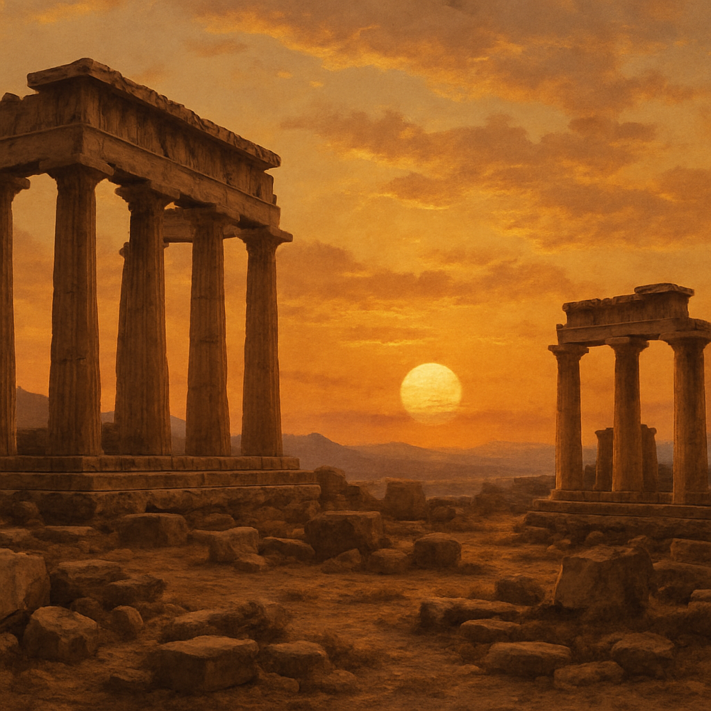 Ancient Greek ruins with a backdrop of a setting sun