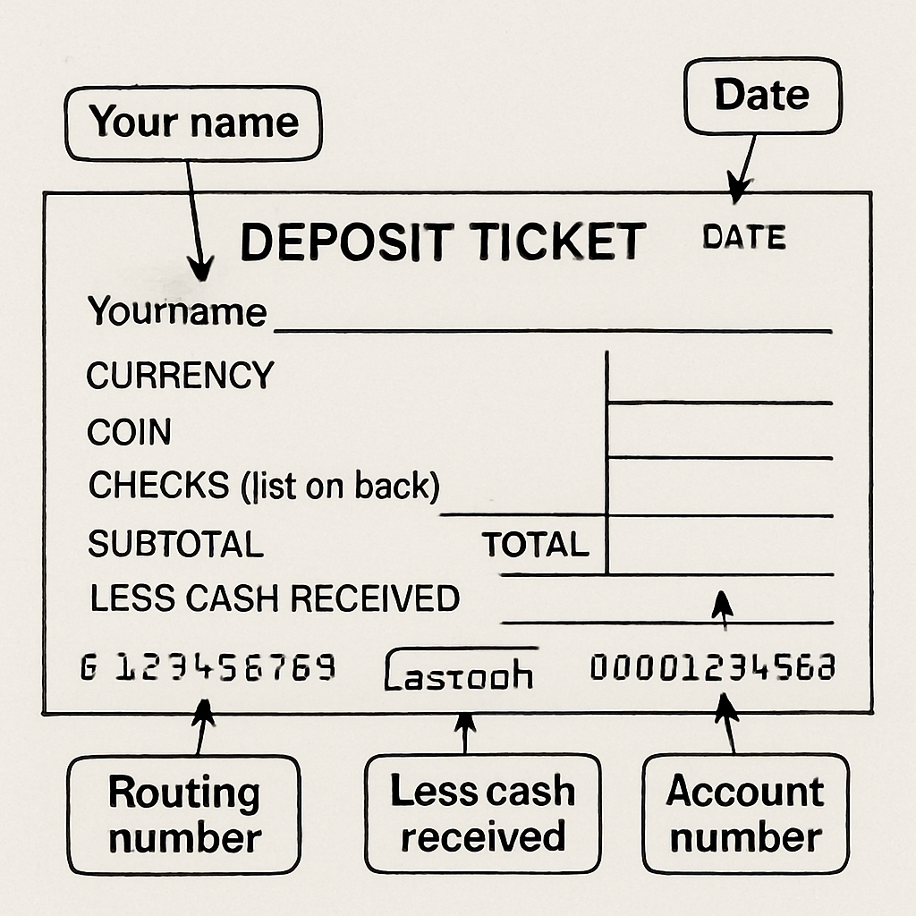 Image showing a sample deposit ticket highlighting key features