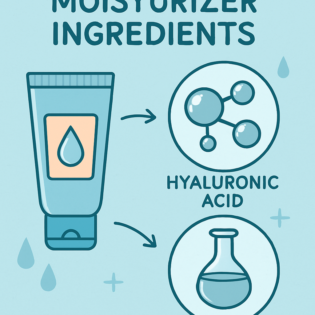 Illustration of moisturizer ingredients like hyaluronic acid and glycerin