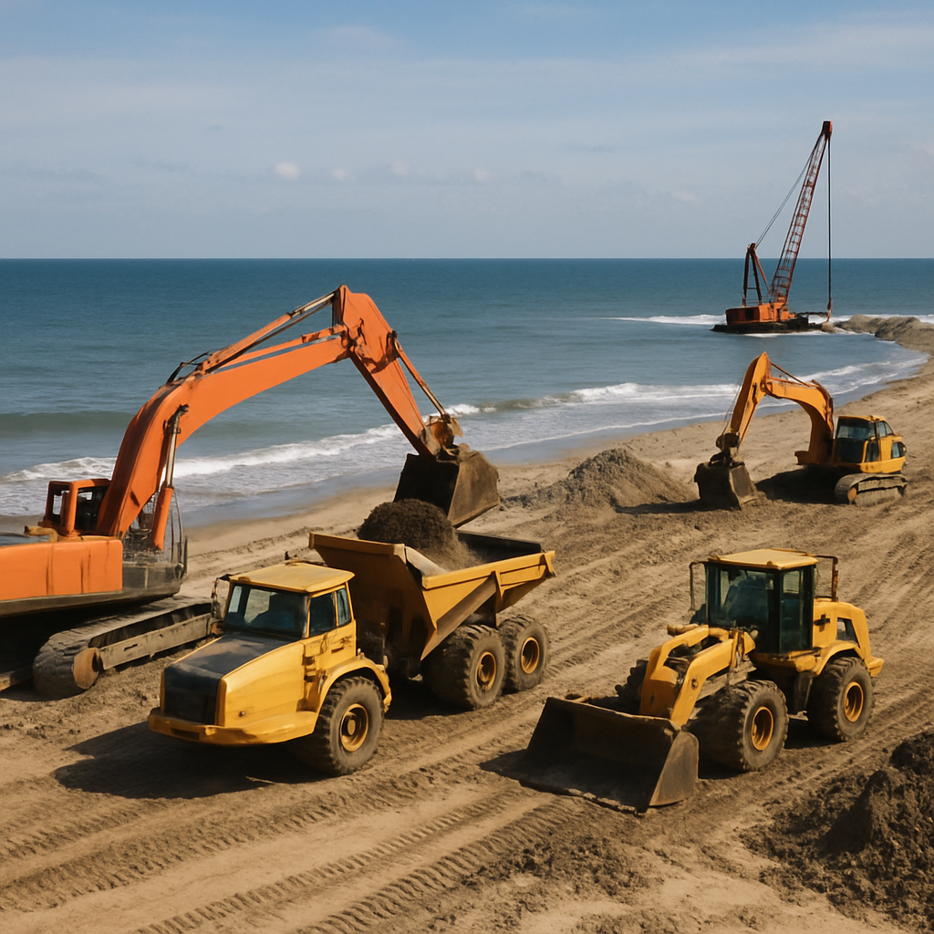 Coastal Construction Site with Heavy Machinery