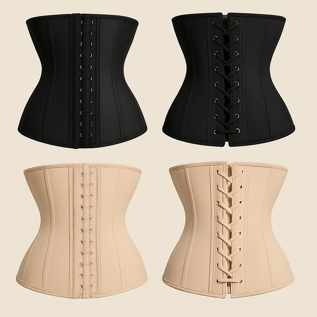 Different types of hourglass waist trainers with hooks and laces