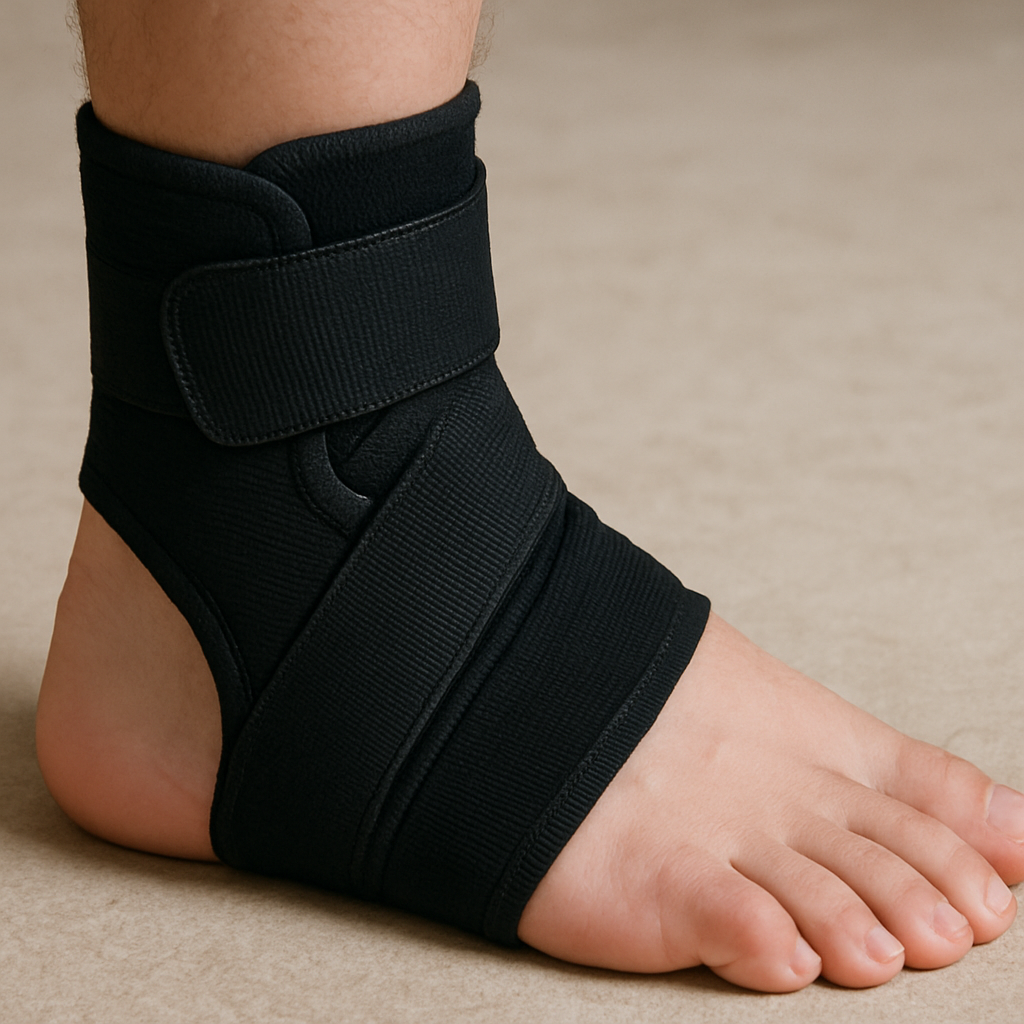 close-up of an ankle with a support brace