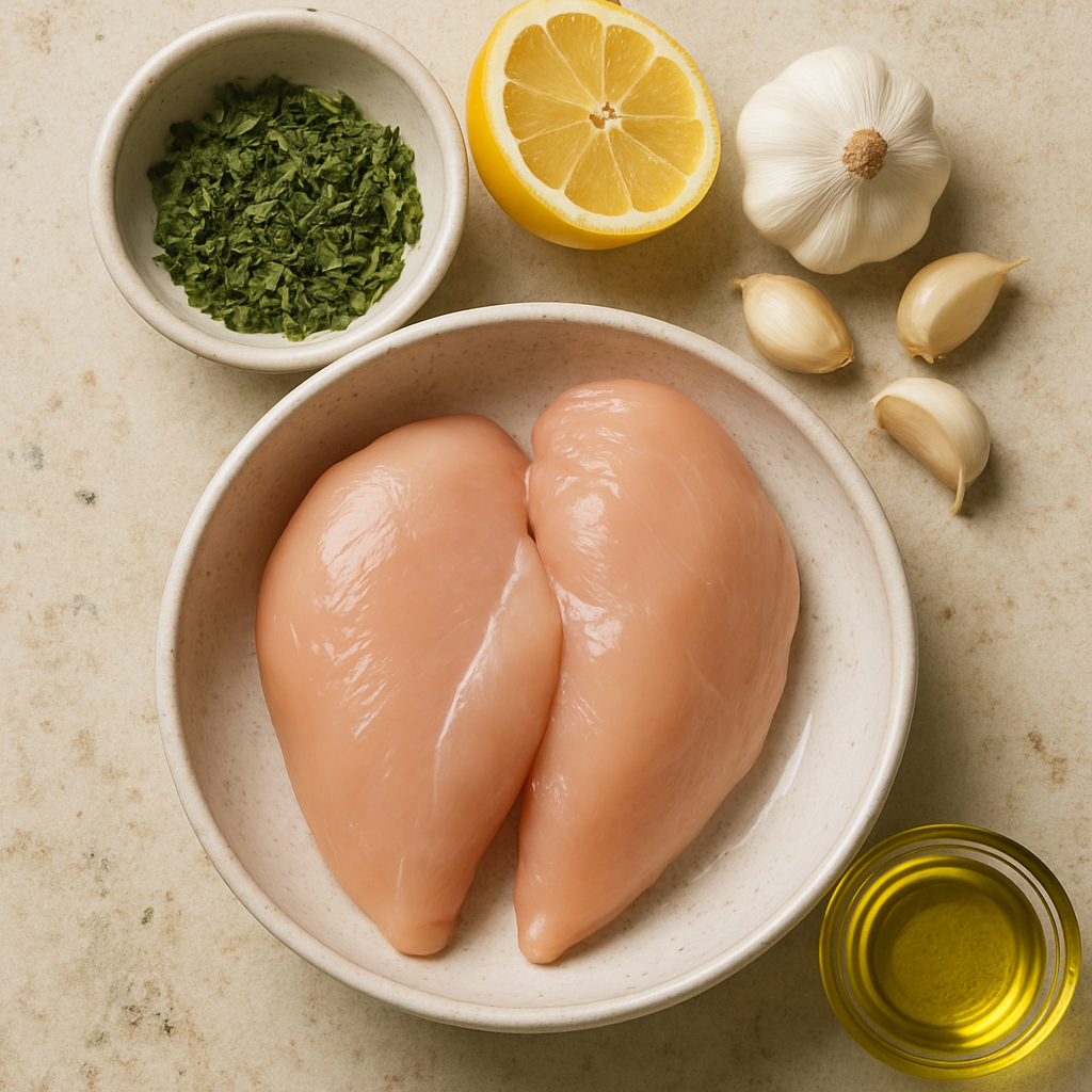 Ingredients for chicken marinade: herbs, lemon, garlic, and oil