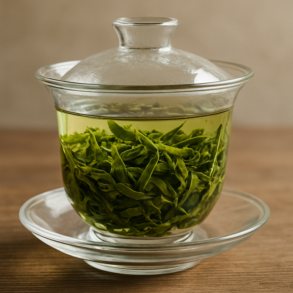 Glass gaiwan with green tea leaves