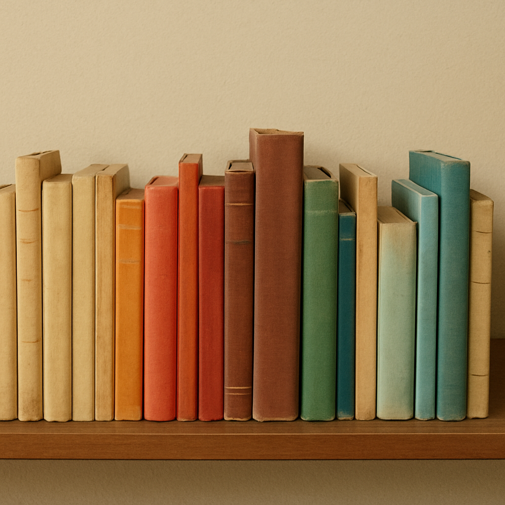 Livros de diferentes tamanhos em uma prateleira