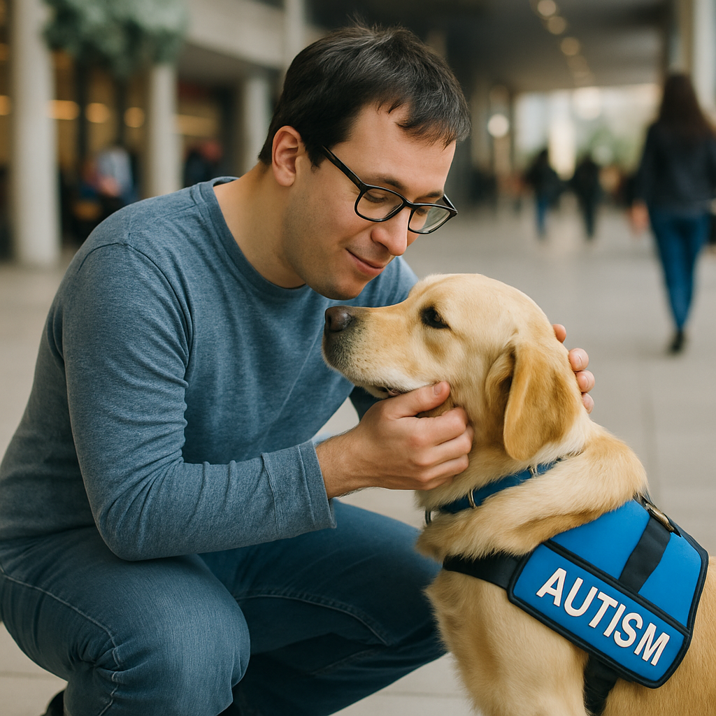 Adult on the autism spectrum with a service dog interacting in a public space