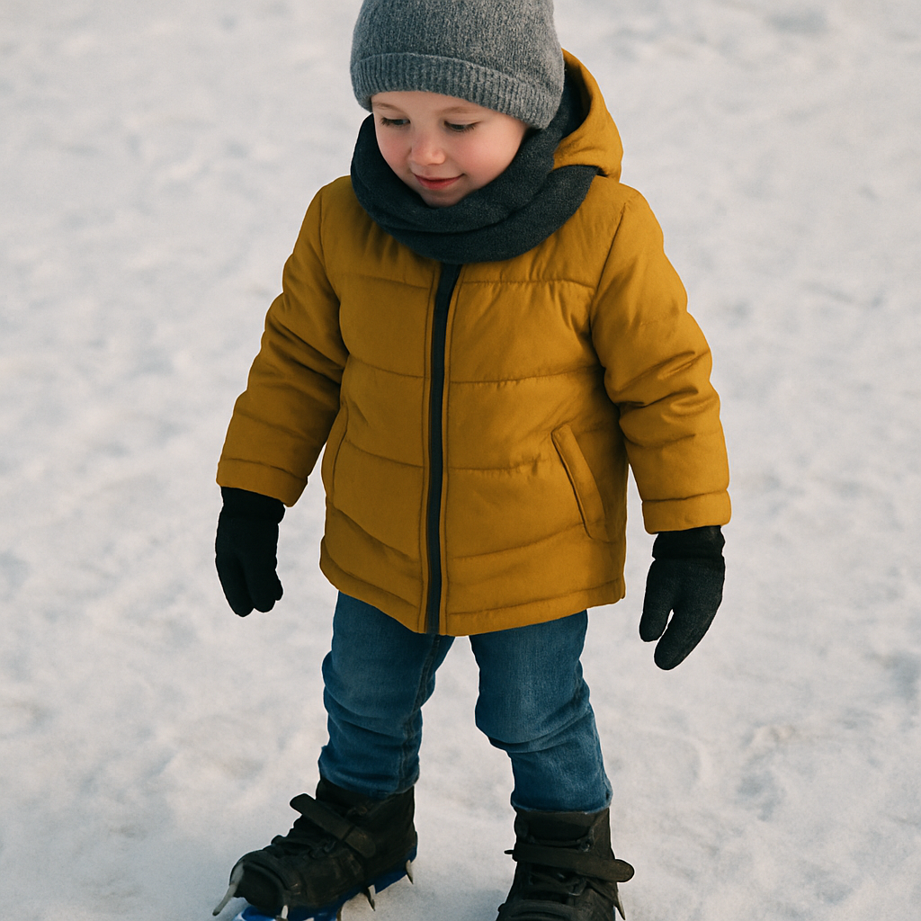 Child wearing ice spikes on boots