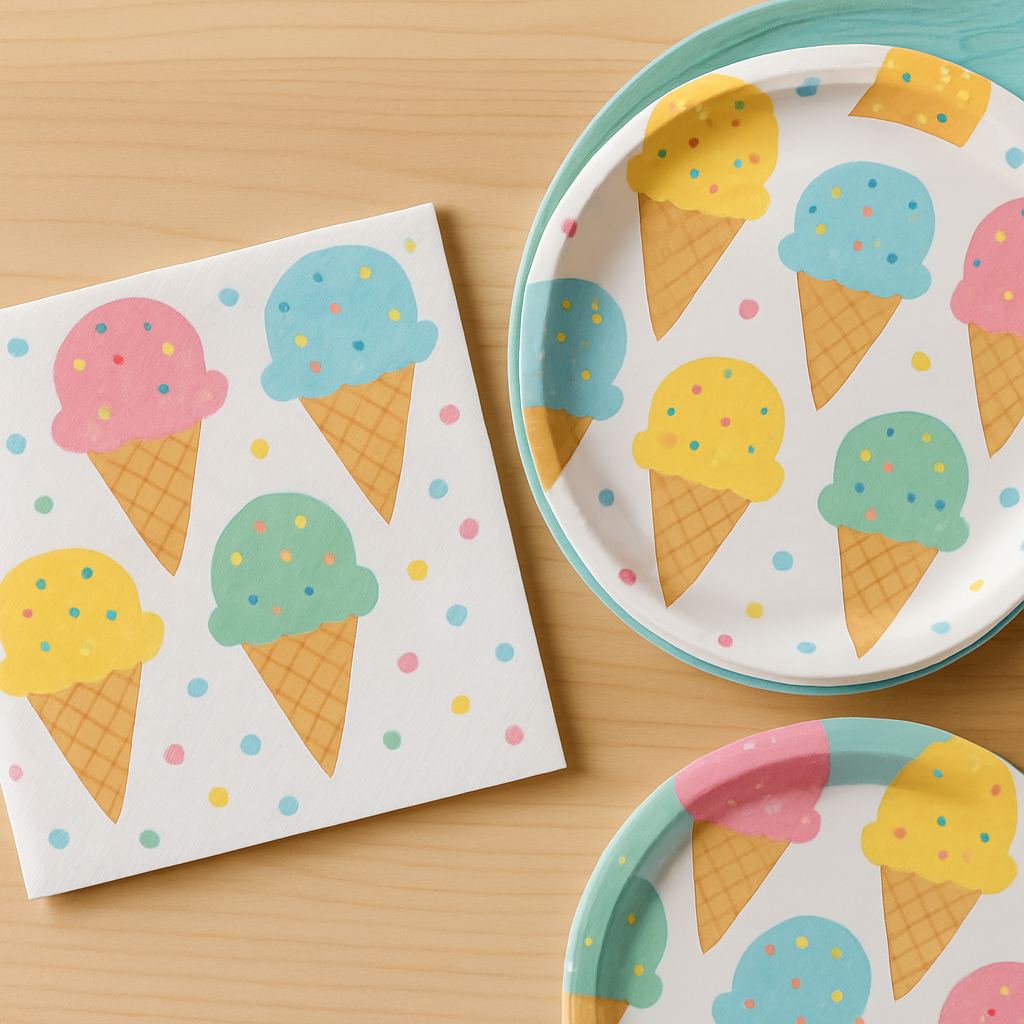 colorful ice cream napkins and plates