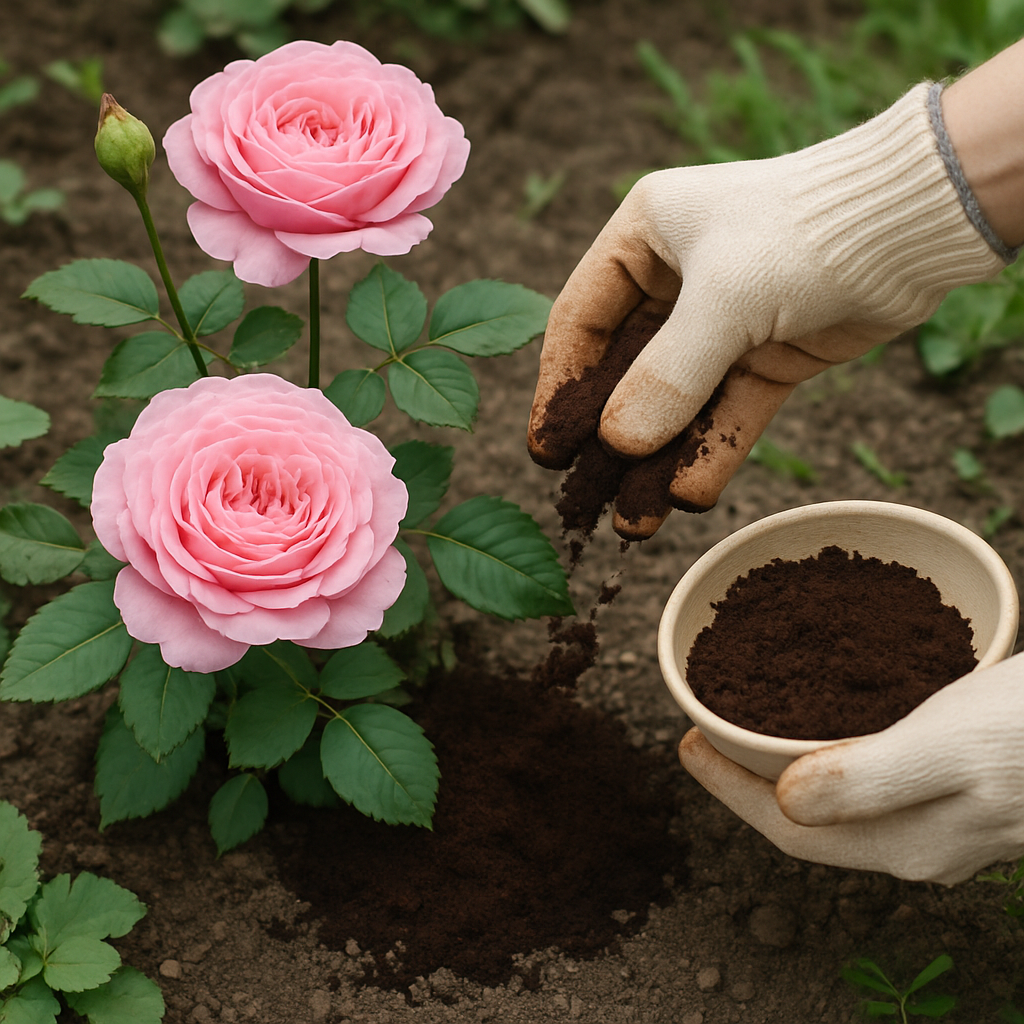 Applying coffee grounds to roses
