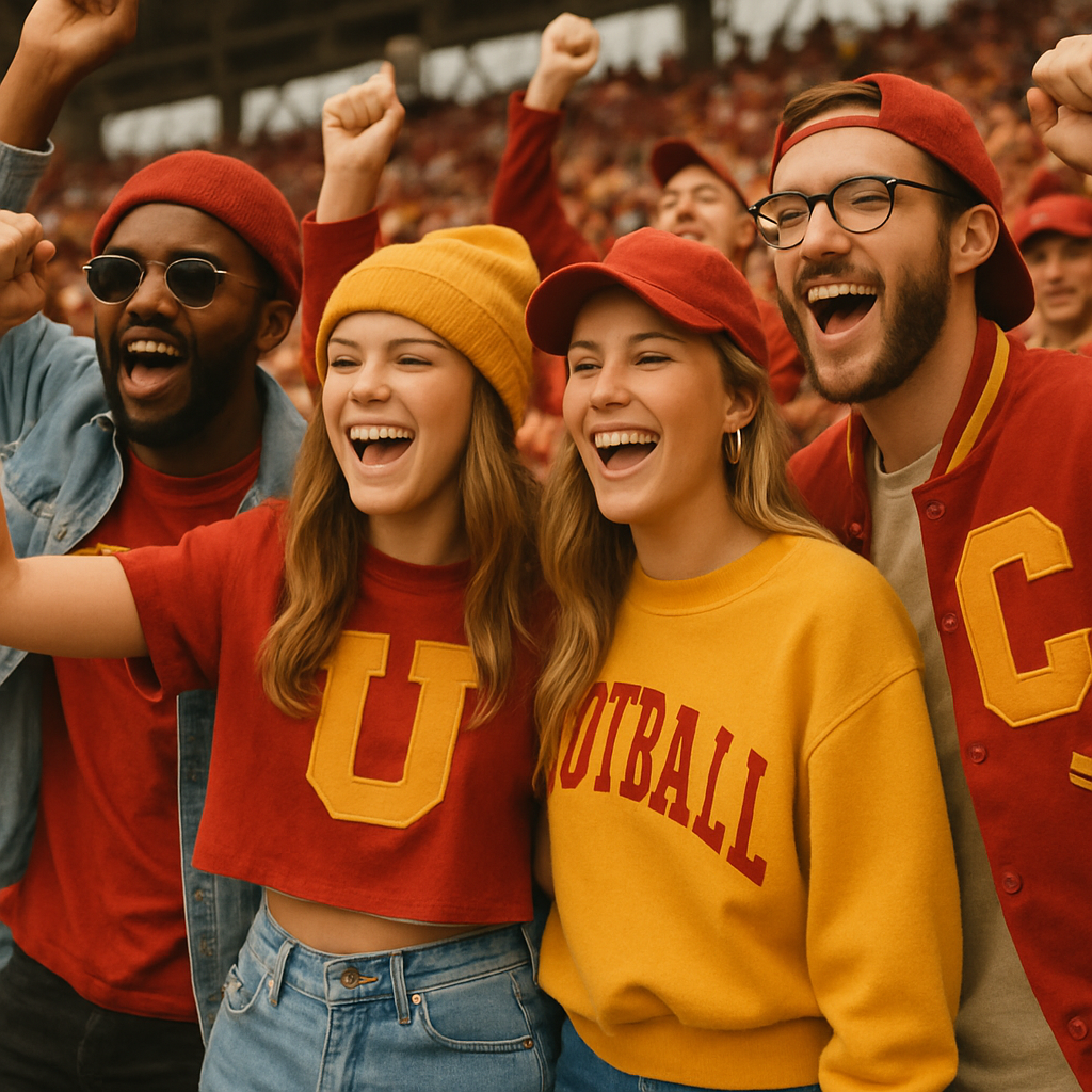 College football fans cheering in trendy outfits