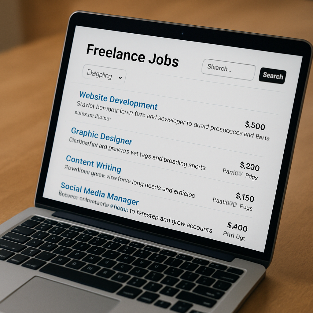A laptop displaying a freelance job platform interface