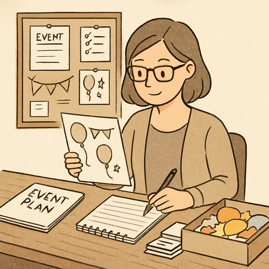 A teacher planning and organizing event materials