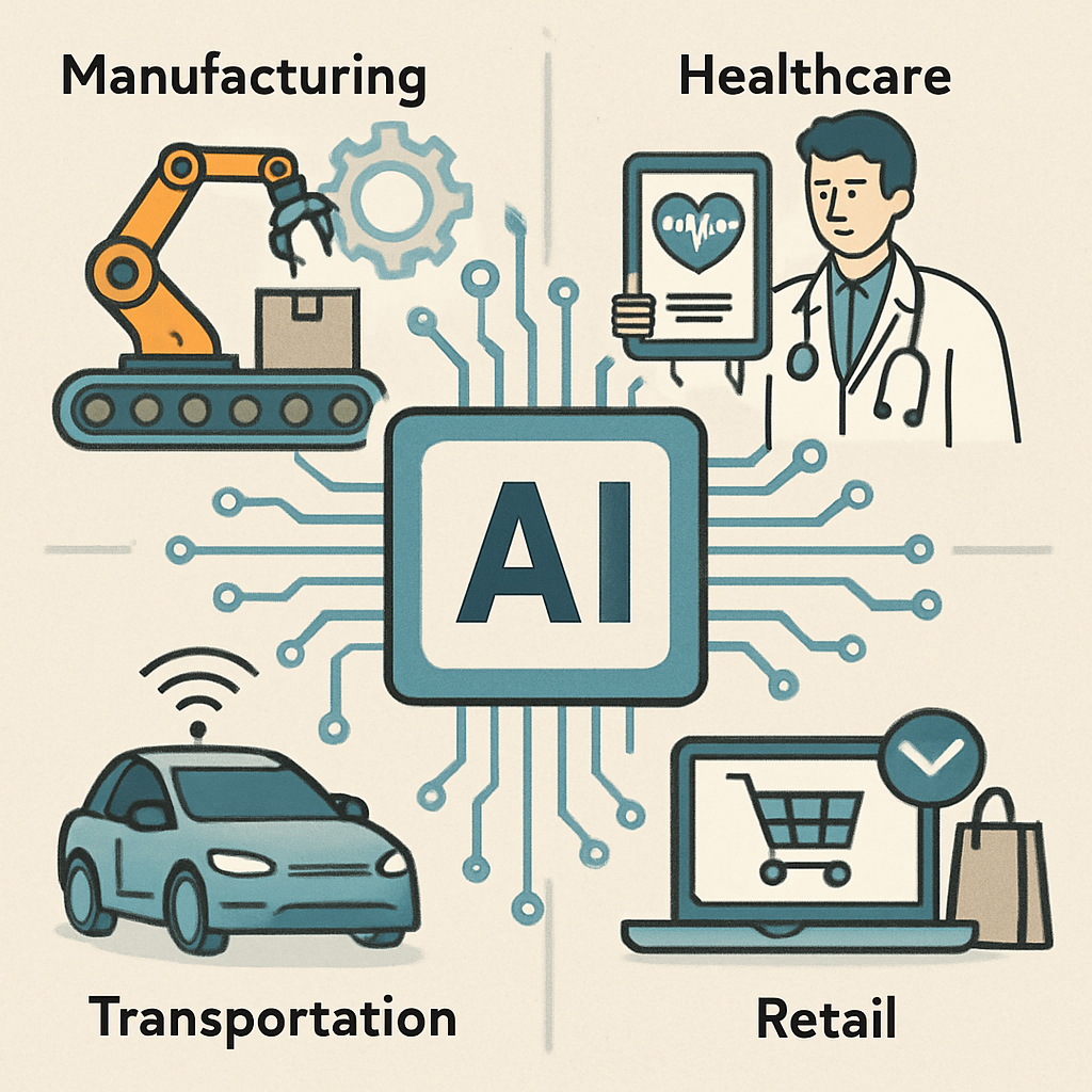 Illustration showing AI in various industry applications