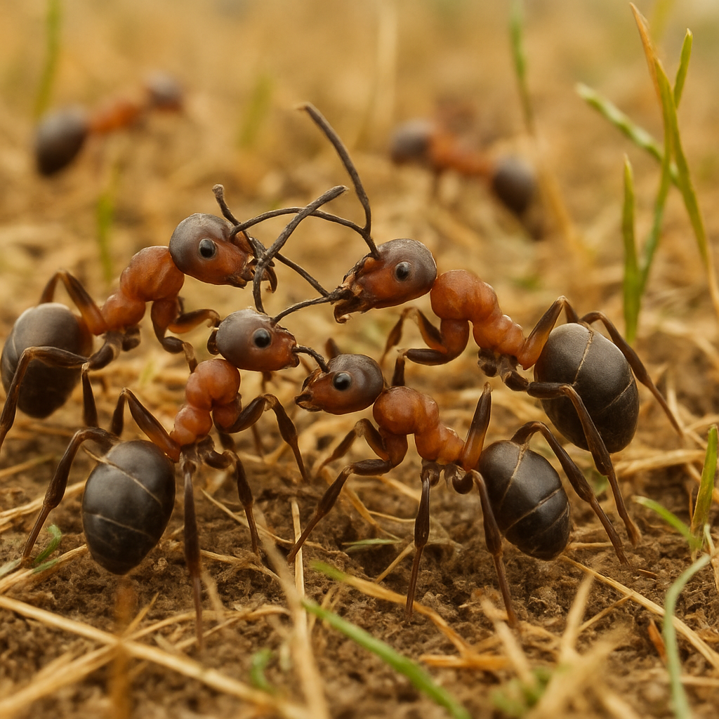 A close-up image of ants working together in a field