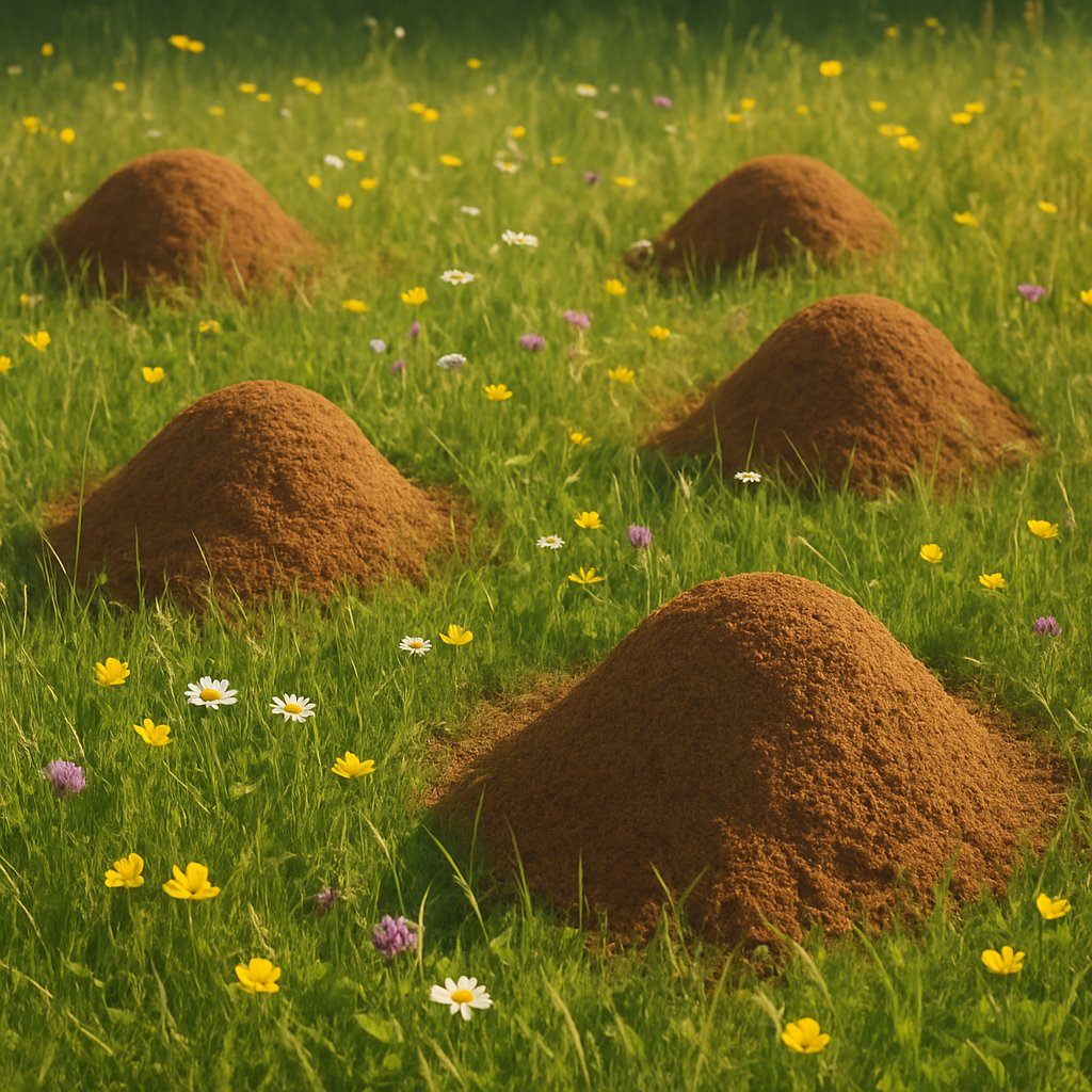 Ant hills in a sunny meadow with grass and wildflowers