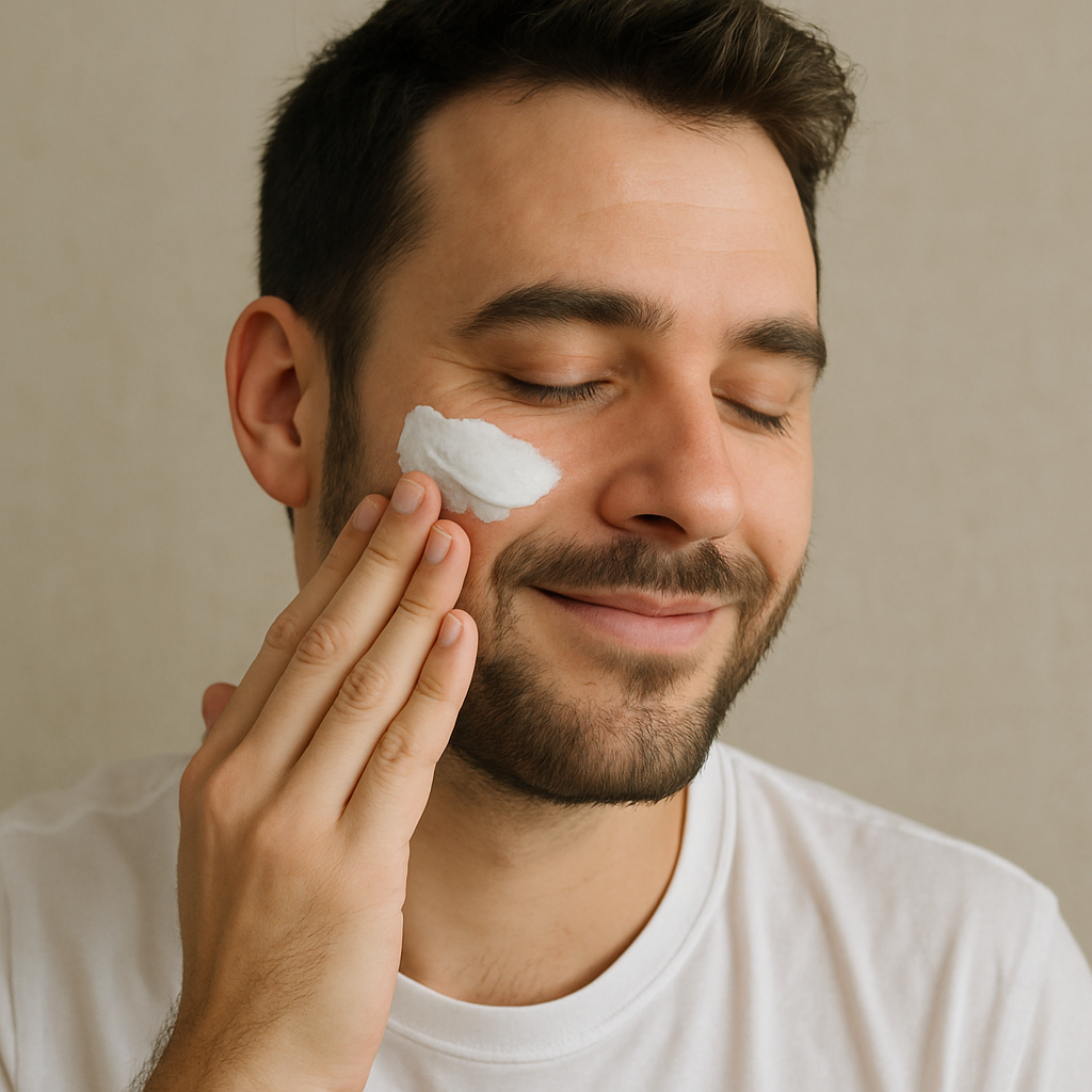 Hombre aplicando crema facial