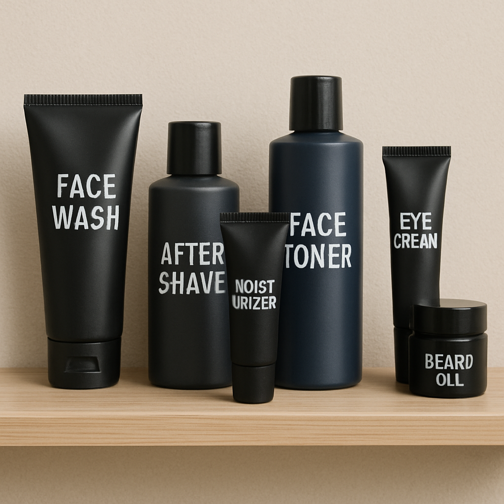 Productos de skincare para hombres en un estante