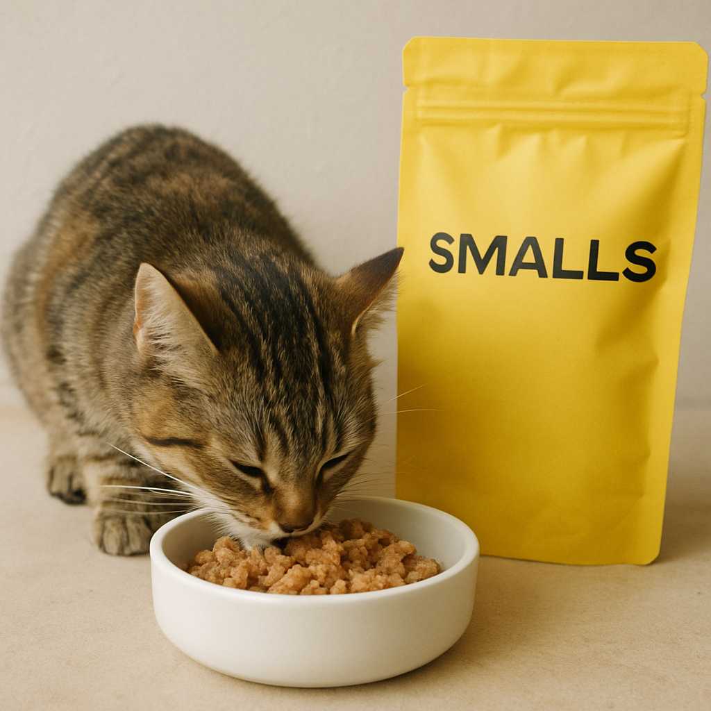 A small cat enjoying a bowl of Smalls cat food