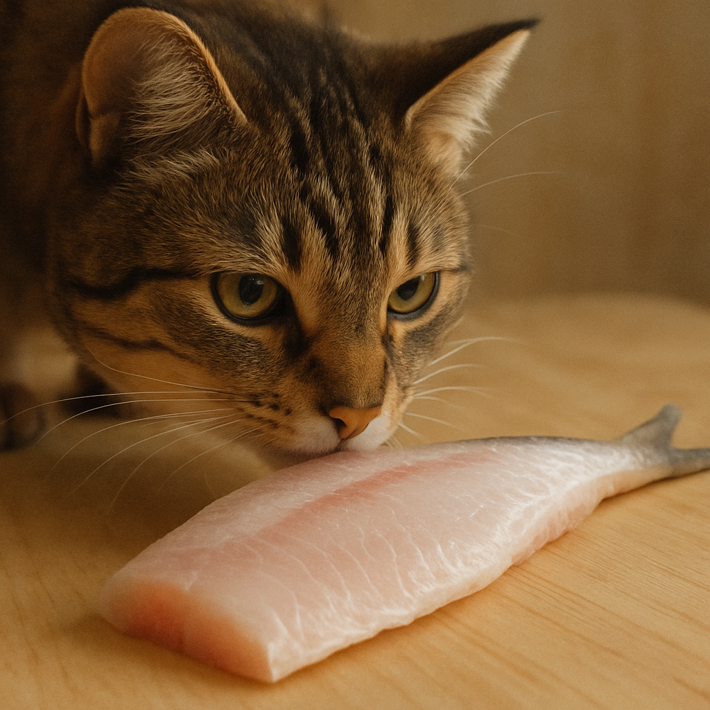 A cat curiously sniffing a fresh ingredient like chicken or fish