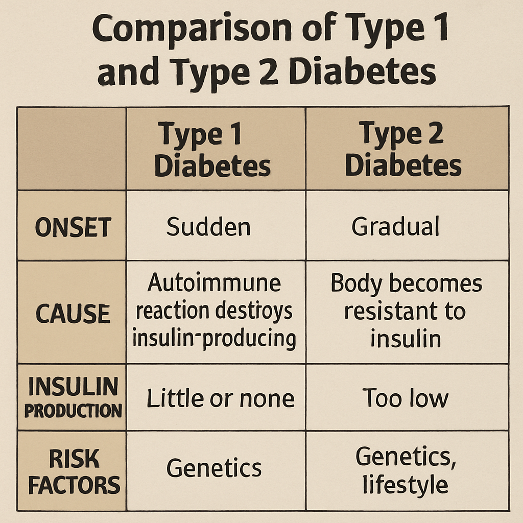 Comparison chart of type 1 and type 2 diabetes