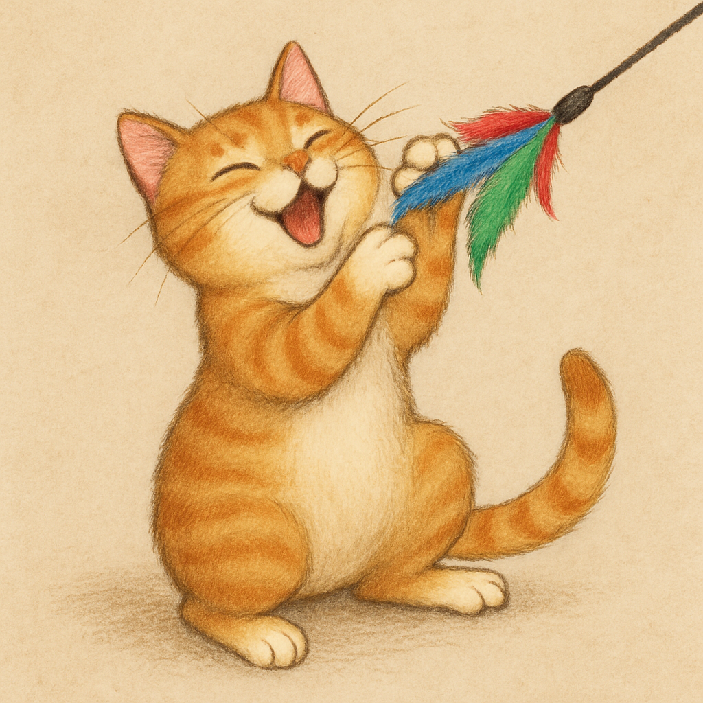 A cat joyfully playing with a feather wand toy