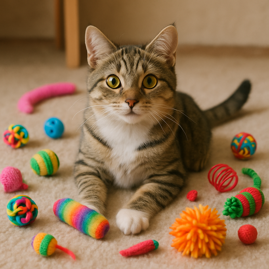 A playful indoor cat surrounded by various colorful cat toys