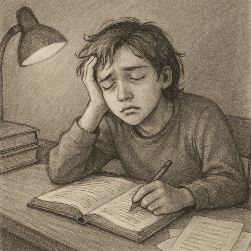 A student struggling to stay awake while studying at a desk