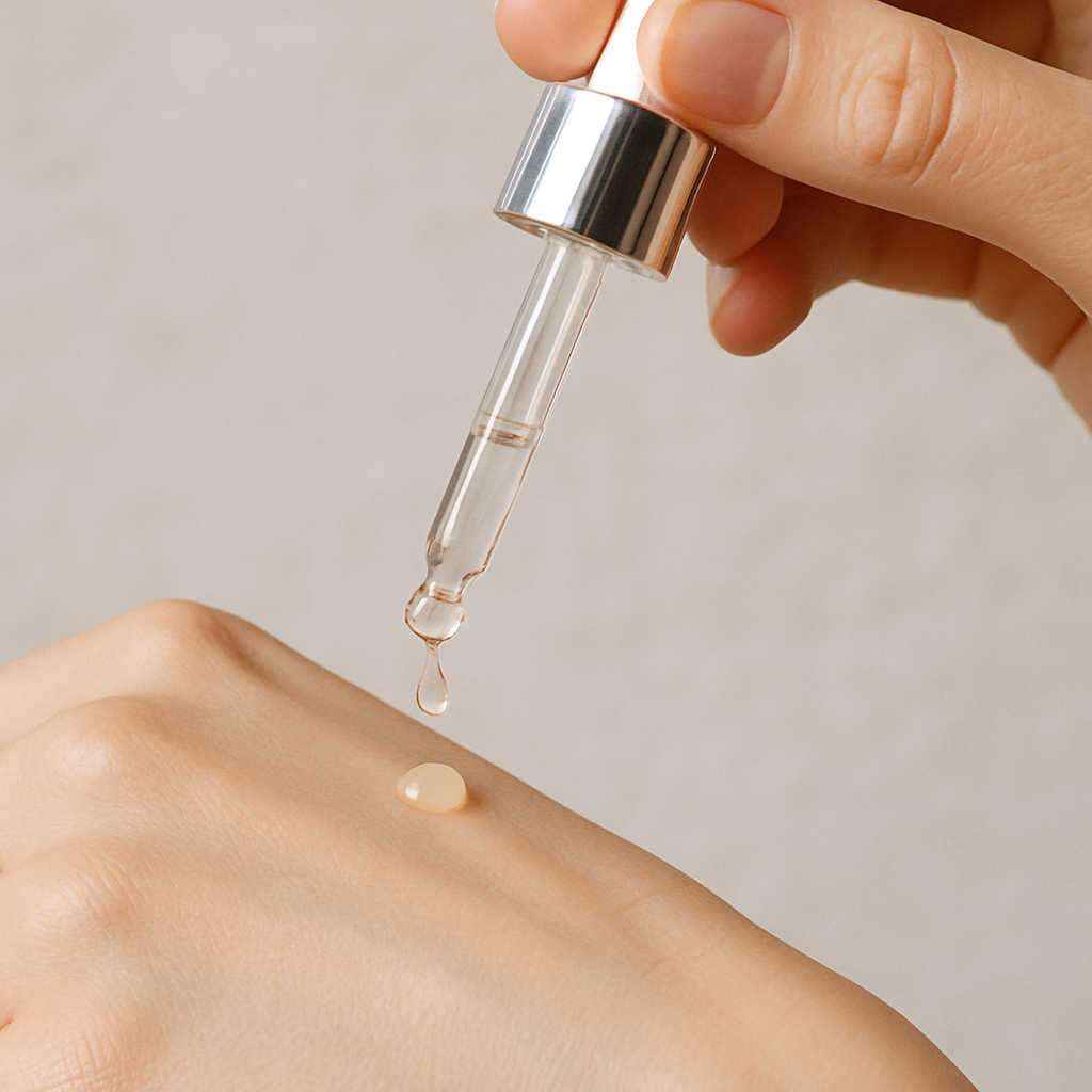 A dropper dispensing serum onto a hand