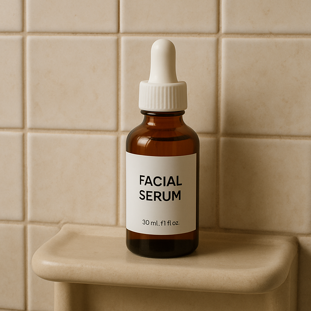 A bottle of facial serum on a bathroom shelf