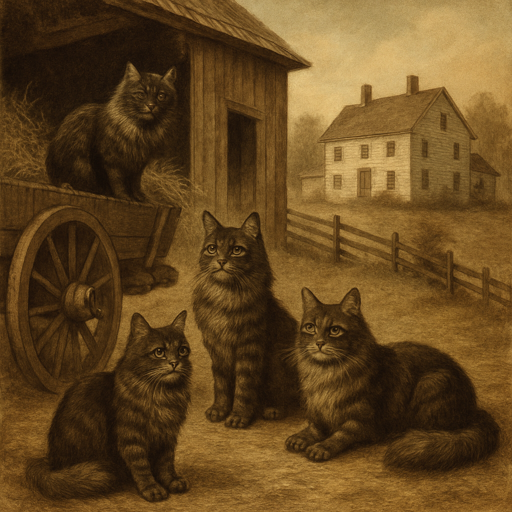 A historical depiction of Maine Coons on a New England farm