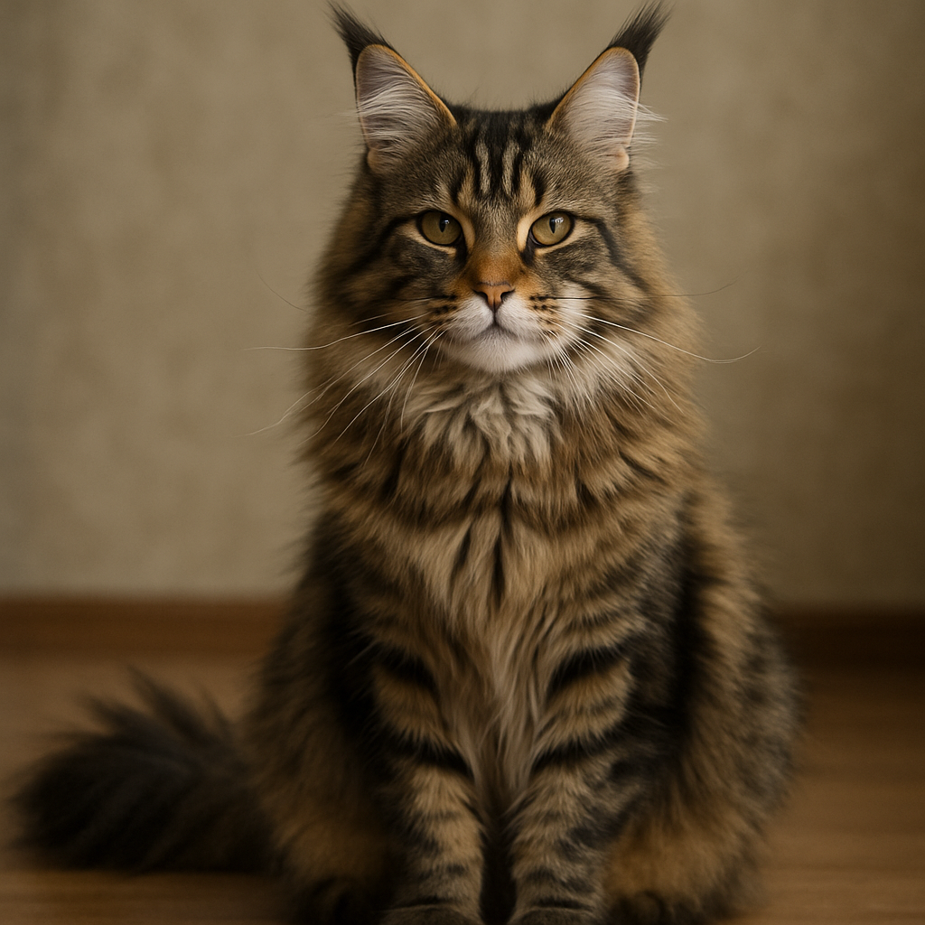 A majestic Maine Coon cat with tufted ears and a bushy tail
