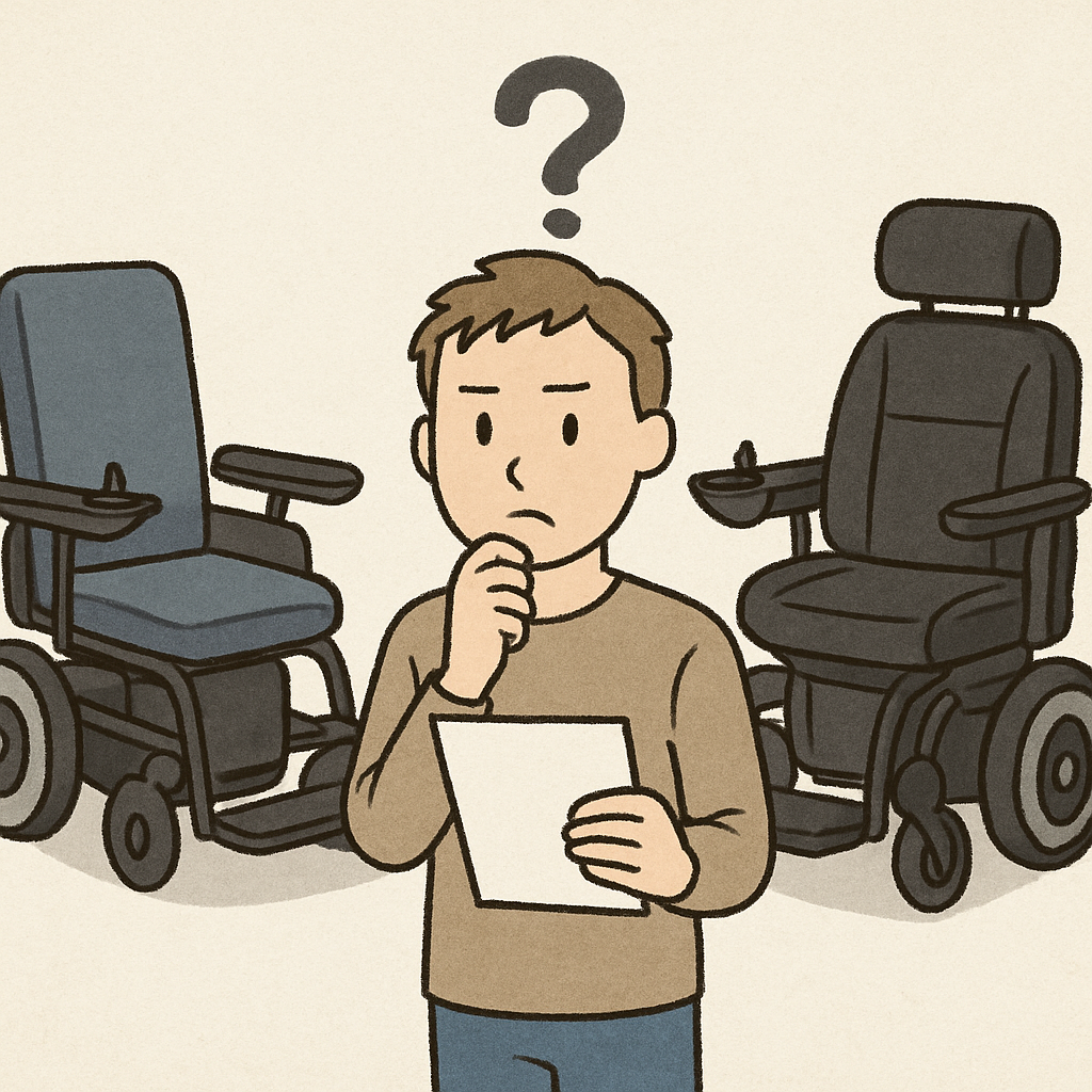 Person comparing different models of electric wheelchairs