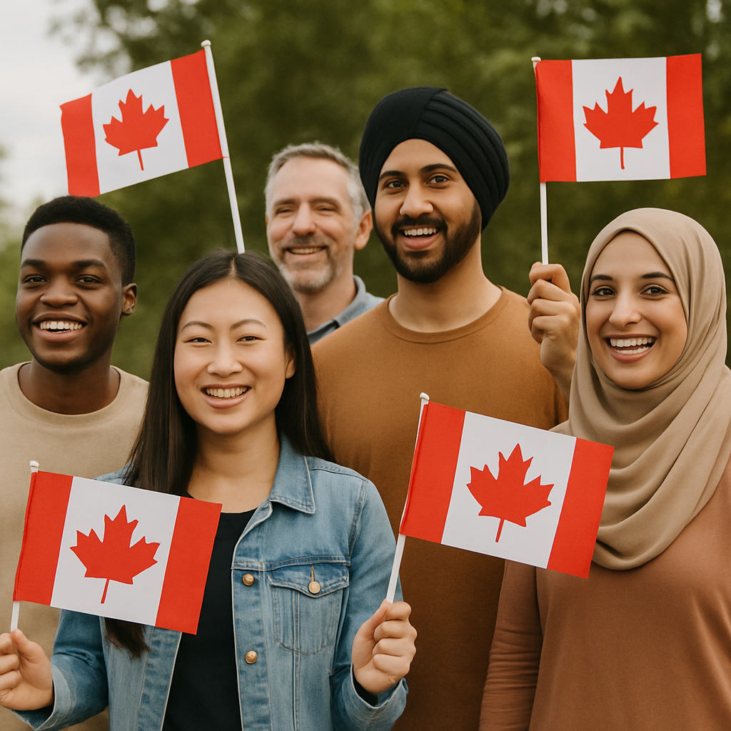 A diverse group of people with Canadian flags, symbolizing multiculturalism and immigration