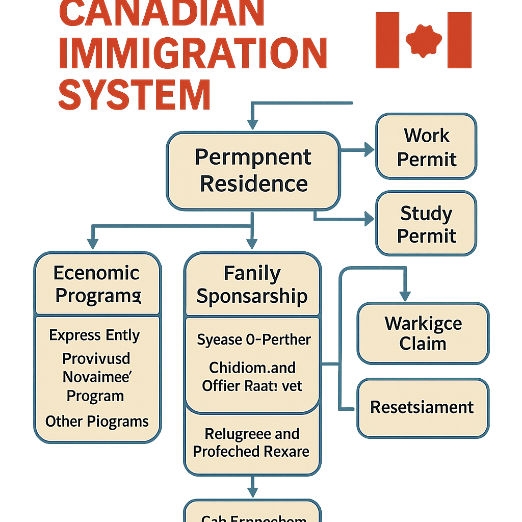 A graphical representation of the Canadian immigration system showing pathways and processes