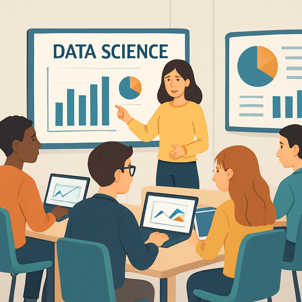A group of students learning data science in a modern classroom with digital tools