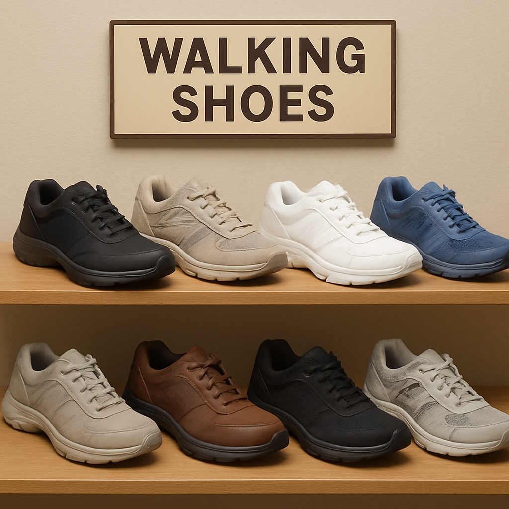 A variety of walking shoes on display