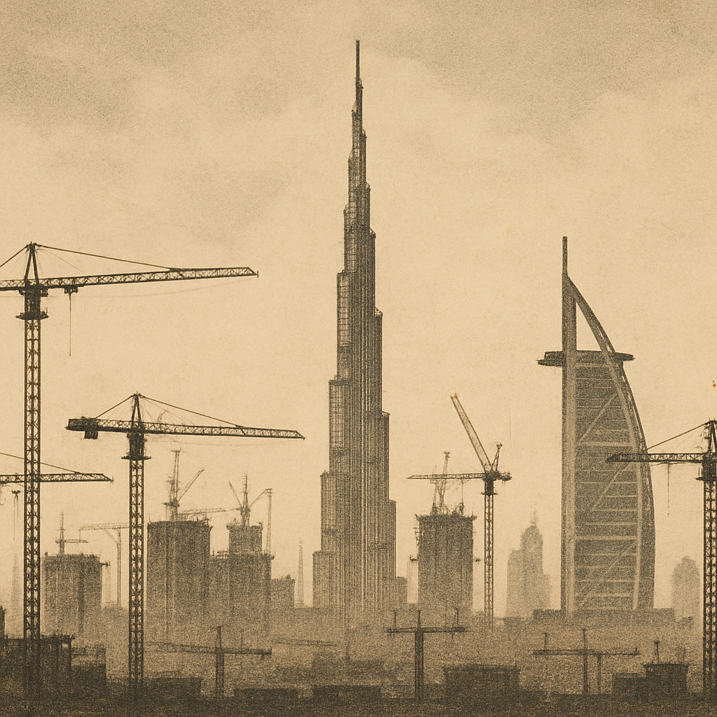Dubai skyline with construction cranes