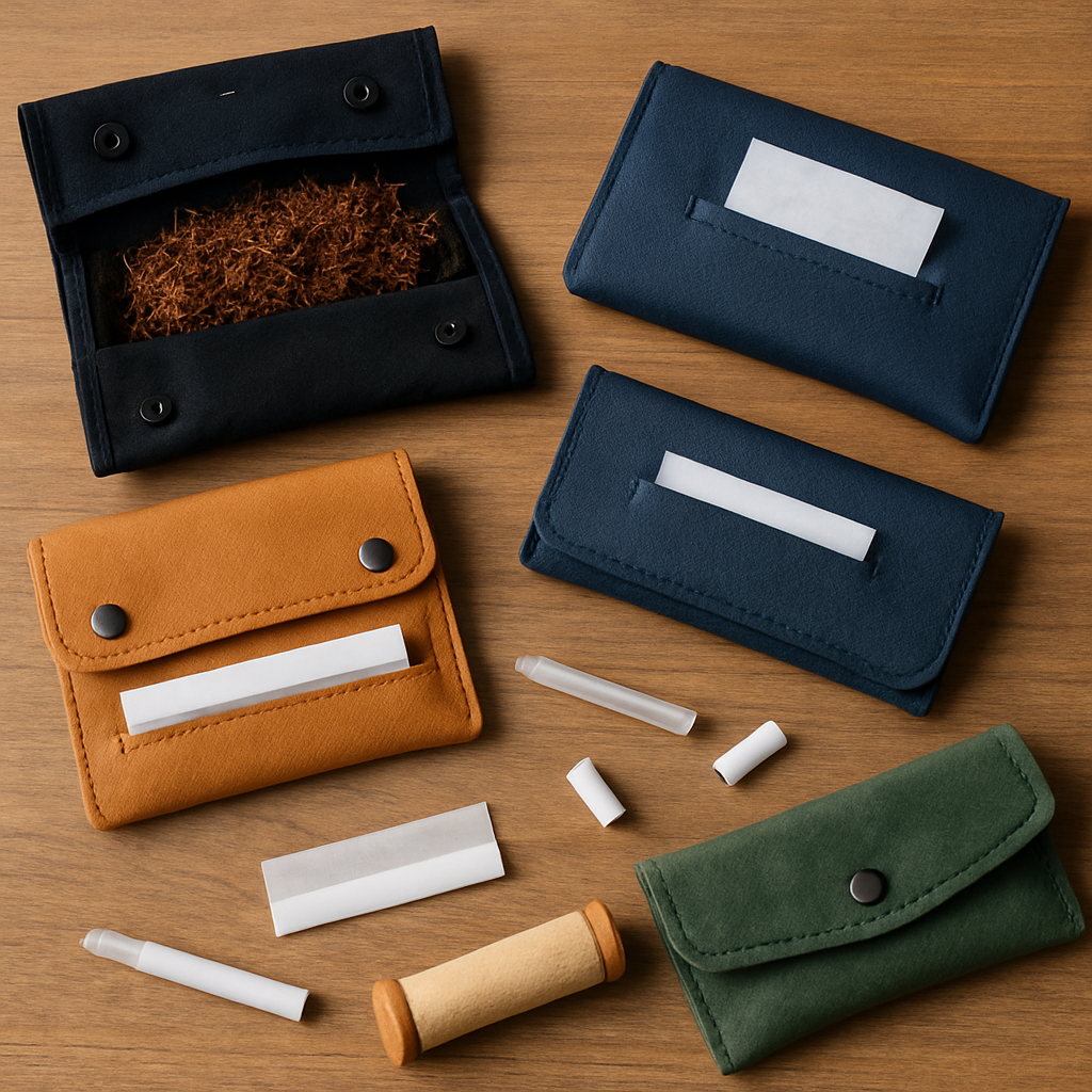 A variety of rolling tobacco pouches and accessories